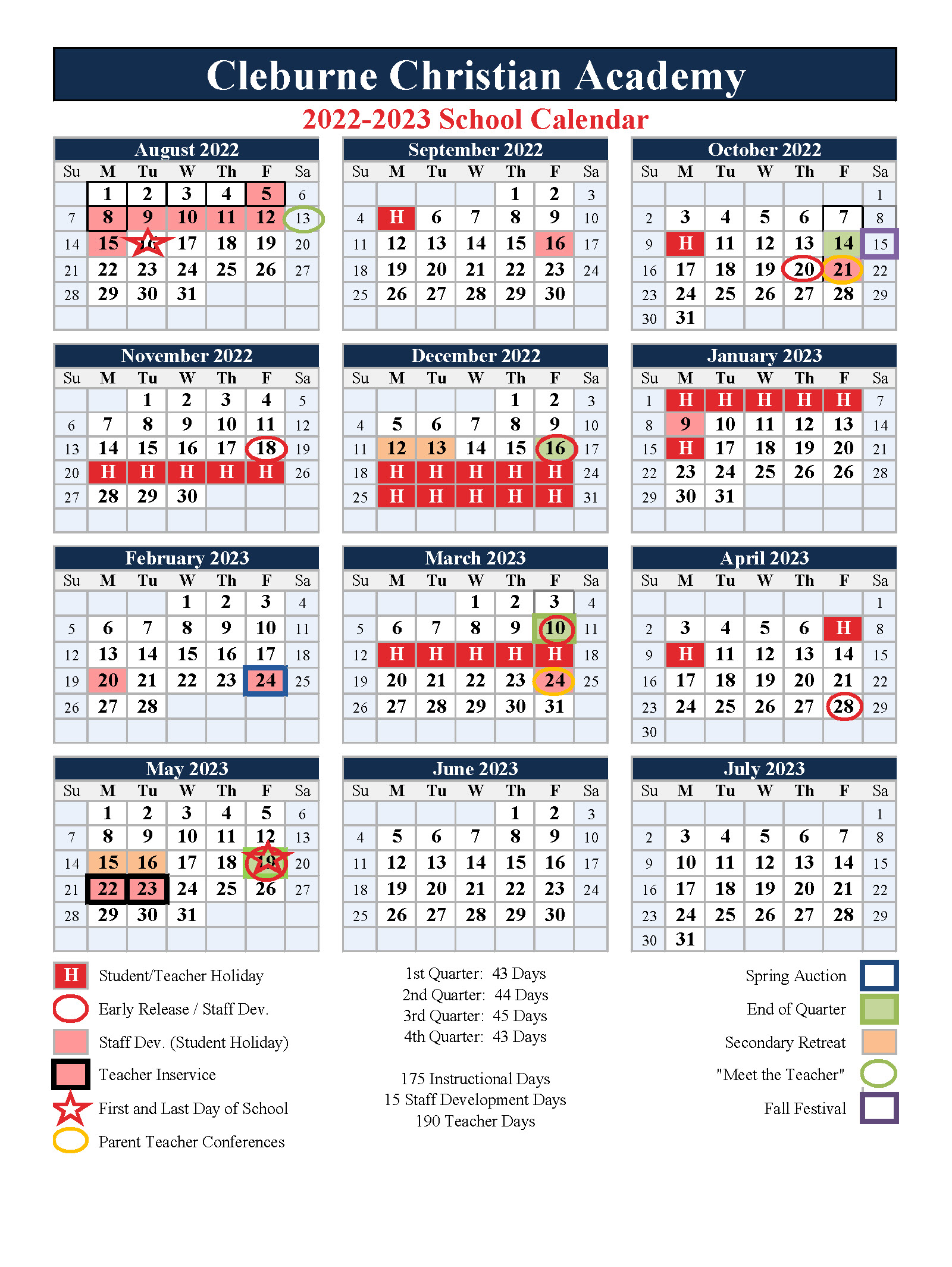 Calendar Cleburne Christian Academy